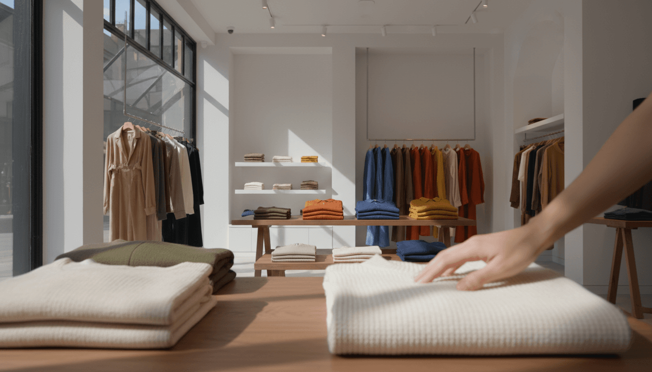 Neatly displayed quality apparel in a London clothing retail store with natural lighting