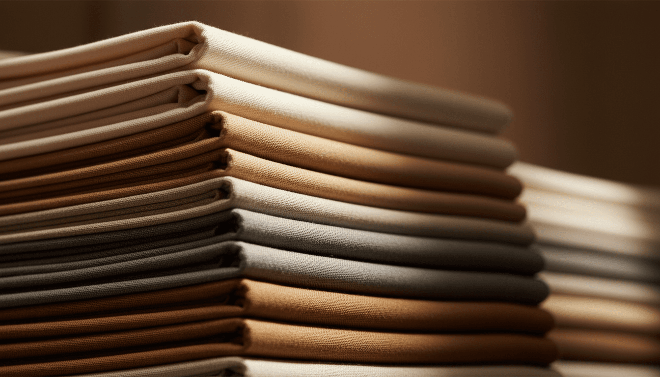 Neatly folded quality apparel and premium fabrics in warm neutral tones