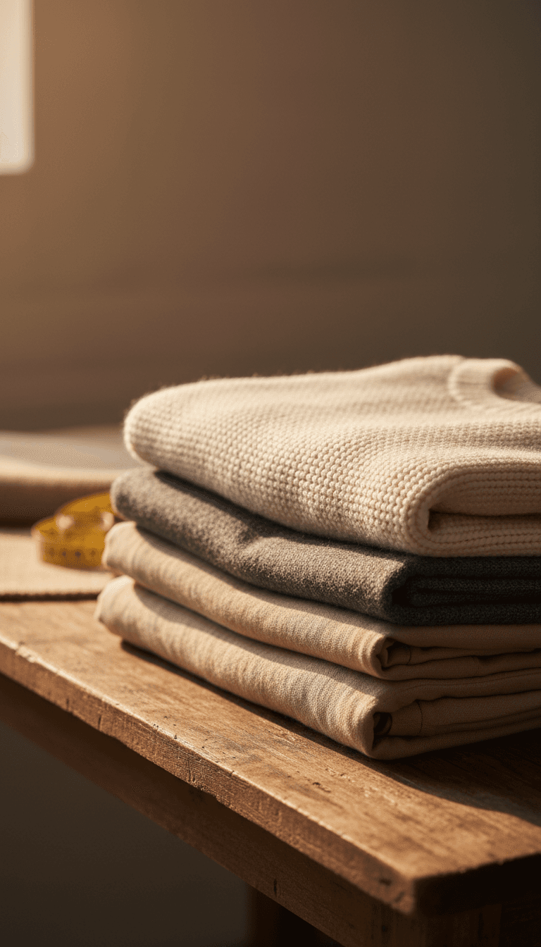 Neatly folded quality apparel in neutral tones displayed on rustic wood