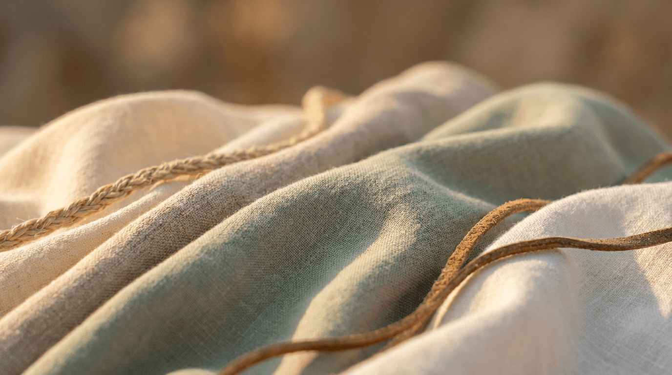 Folded quality apparel displayed on wooden shelf with warm natural lighting