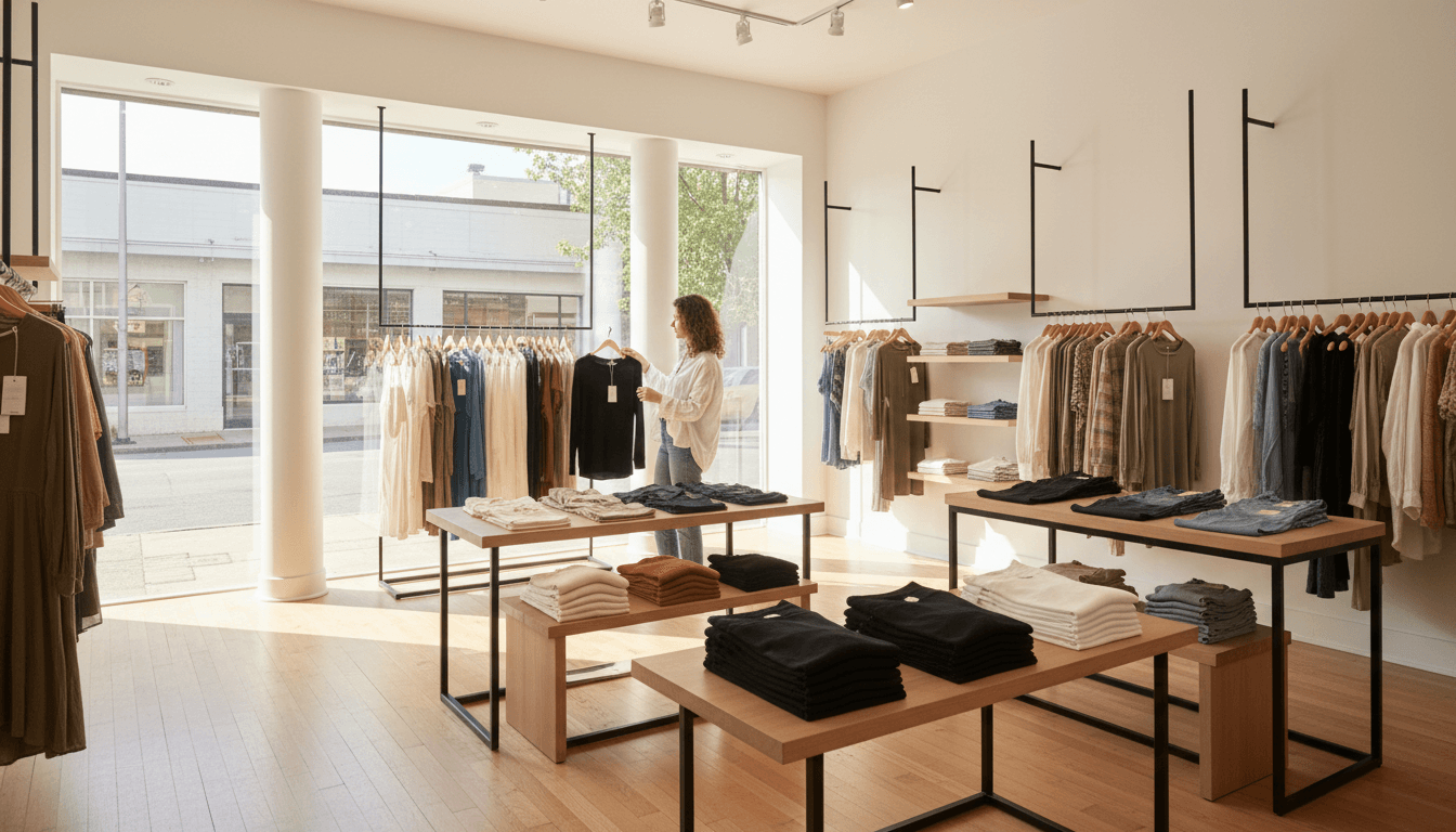 Bright, organized retail clothing store interior showcasing quality apparel on display racks and shelves